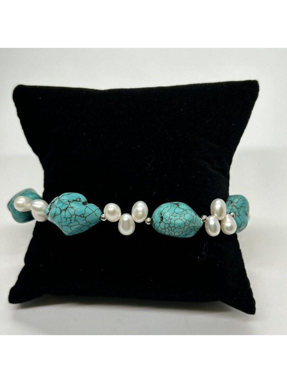 Turquoise Color Stone Freshwater Pearl Necklace Bracelet Earrings Jewelry Set - Picture 3 of 6